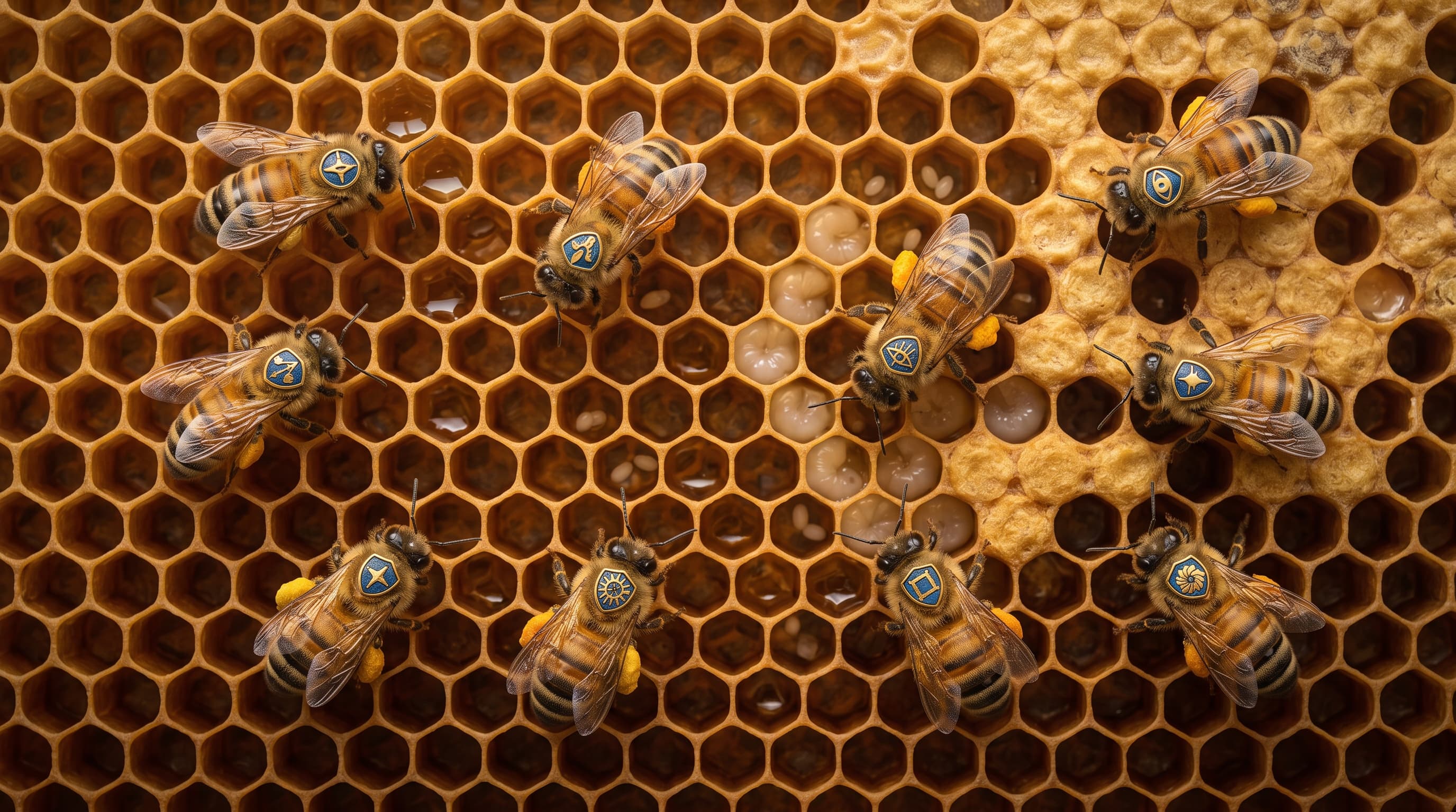 A living honeycomb with sigil-bearing bees representing different kinds of work
