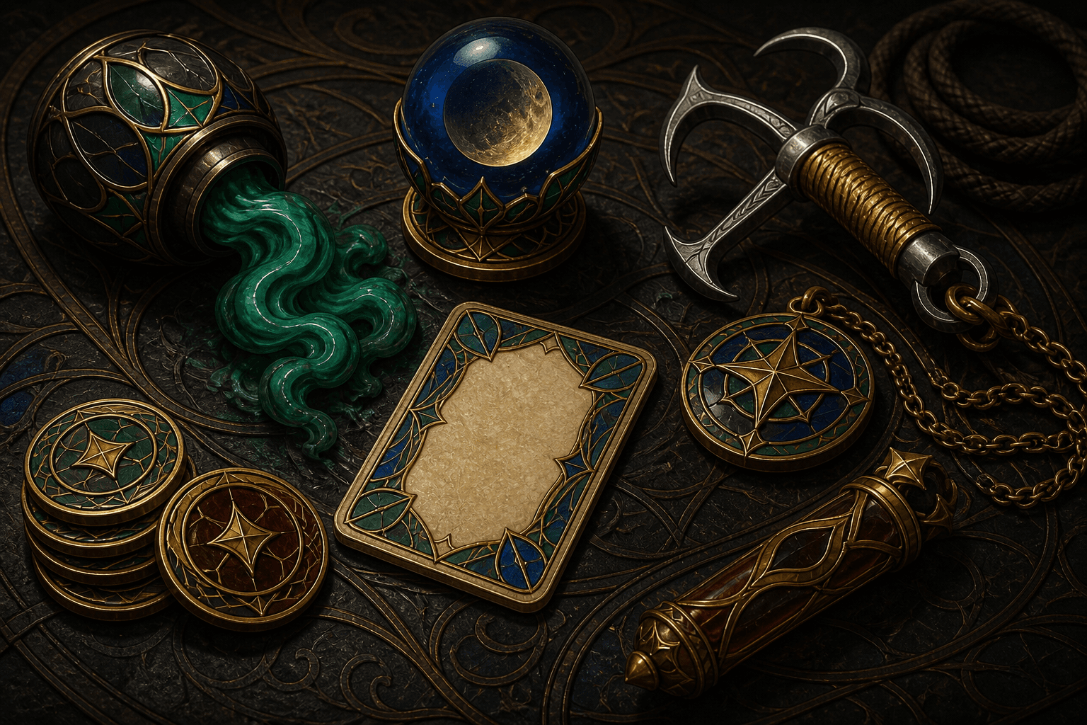 A collection of ornate magical items from Royals and Rogues