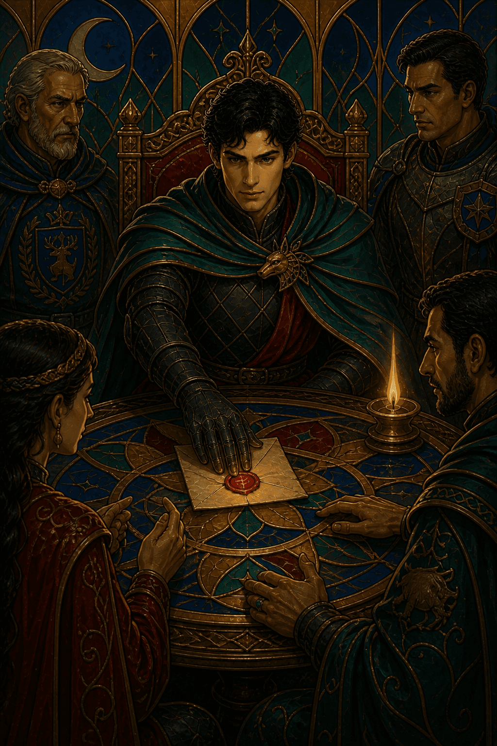 Players gathered around an ornate table in the Royals and Rogues world