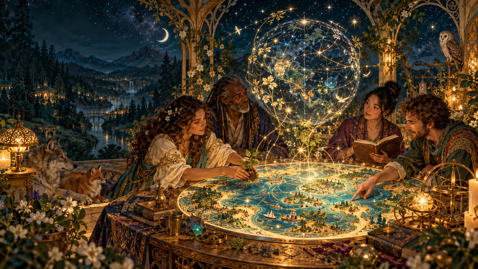 Four people gathered around an illuminated world map beneath a luminous constellation globe, surrounded by woodland animals, warm lanterns, and a moonlit valley.